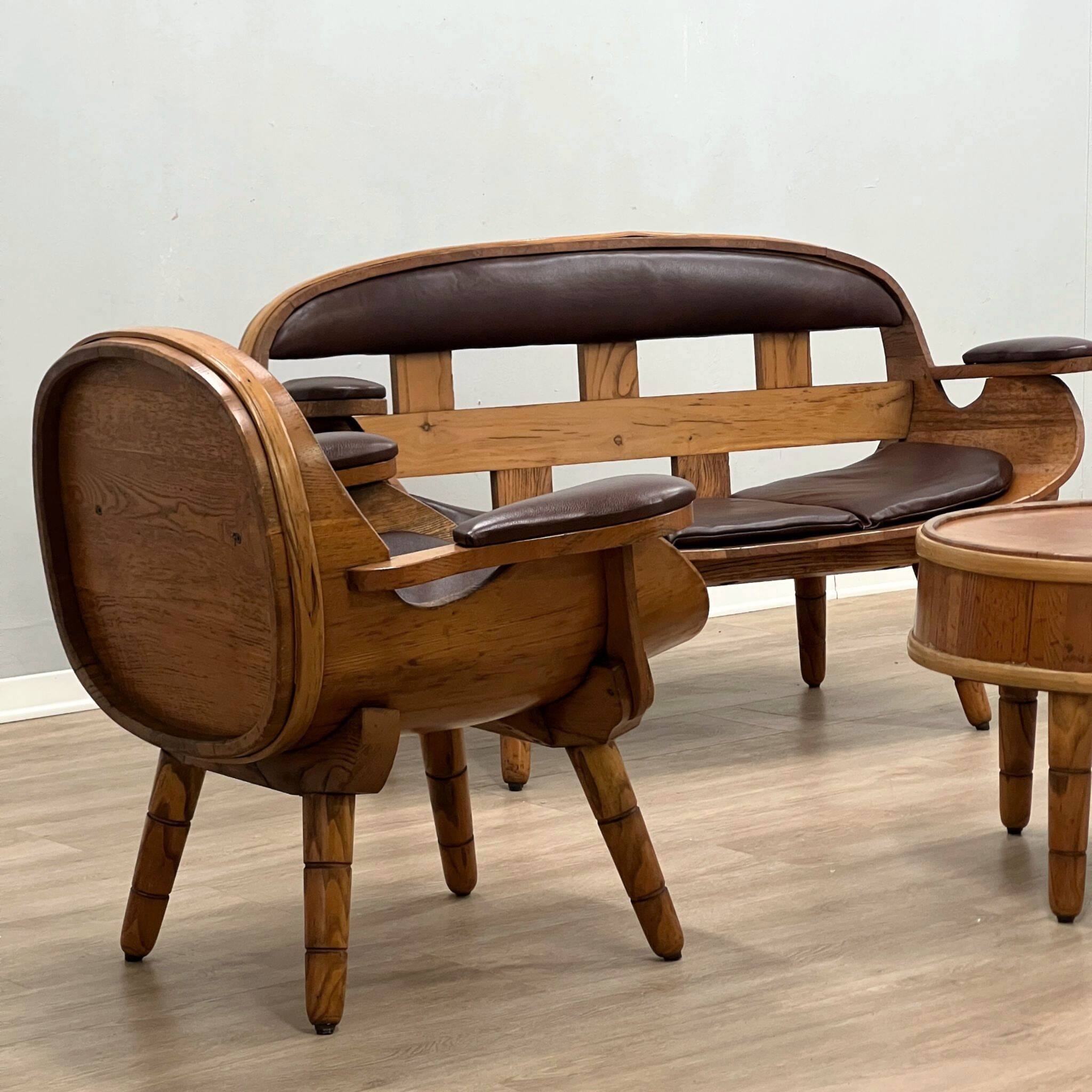 Rustic living room wooden barrel armchairs and sofa Italy 1970s