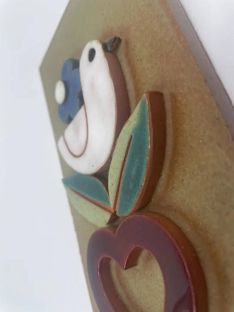 Vintage ceramic wall plaque, bird and heart, Made in Spain, Mithé Espelt style.
