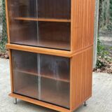 Scandinavian wooden display cabinet with sliding glass doors