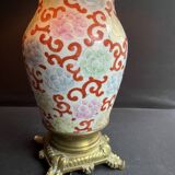 Old Asian vase mounted as a lamp with pagoda lampshade
