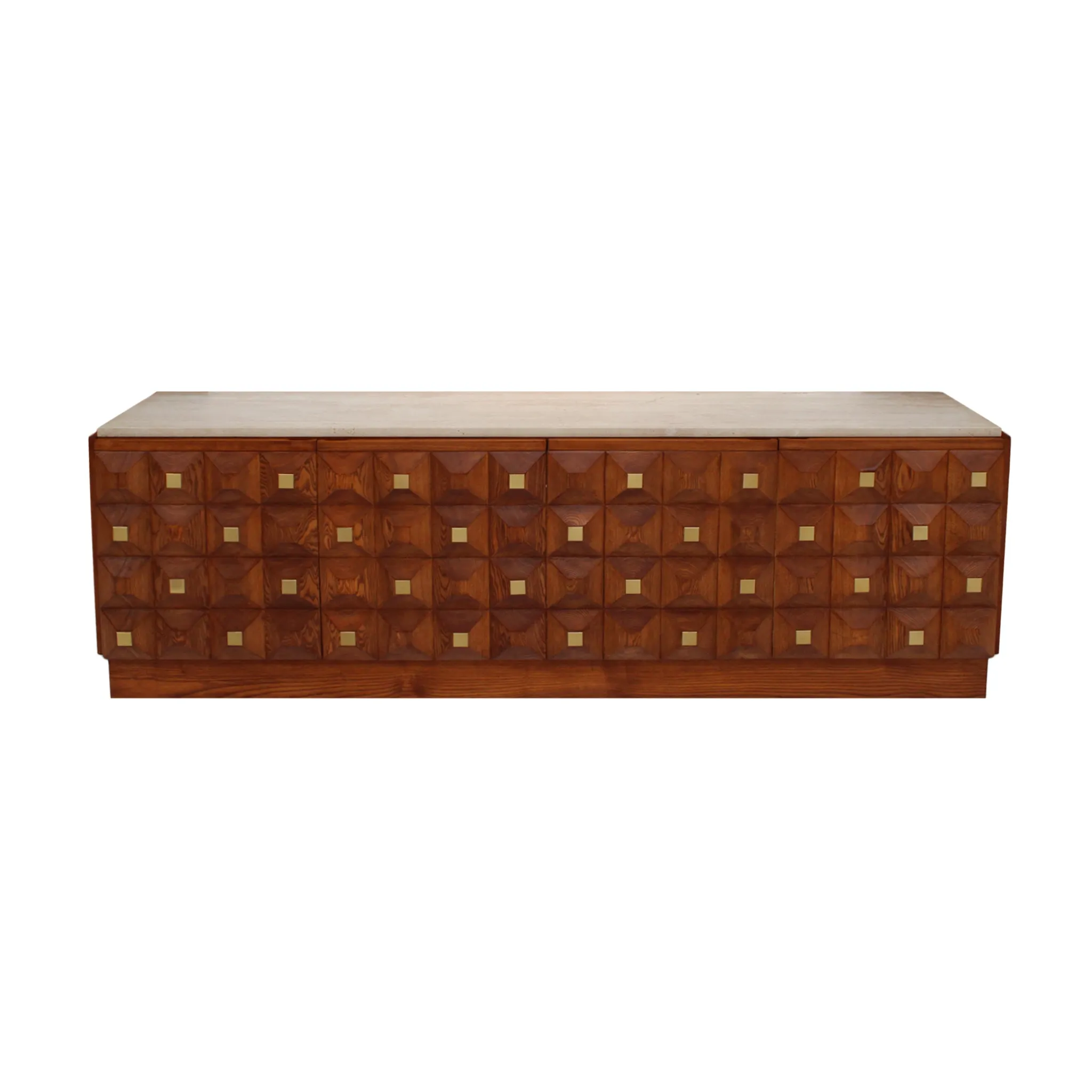 Contemporary Square Pattern Oak Wood, Brass and Travertine Top Italian Side