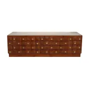 Contemporary Square Pattern Oak Wood, Brass and Travertine Top Italian Side