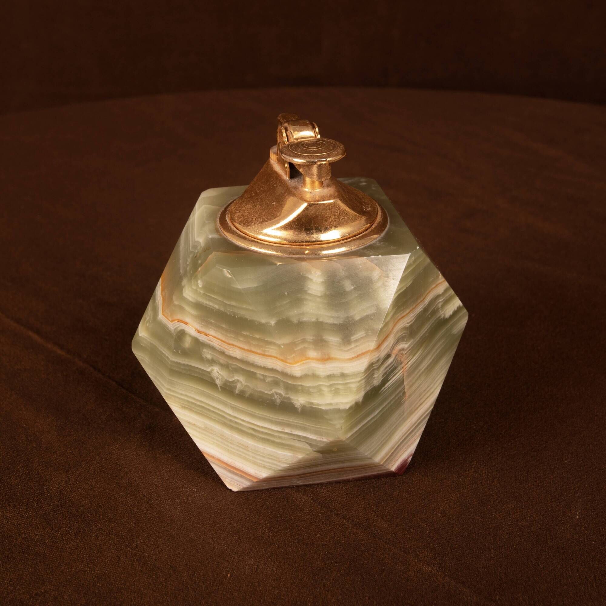 Italian Geometric Green Onyx and Brass Table Lighter, 1970