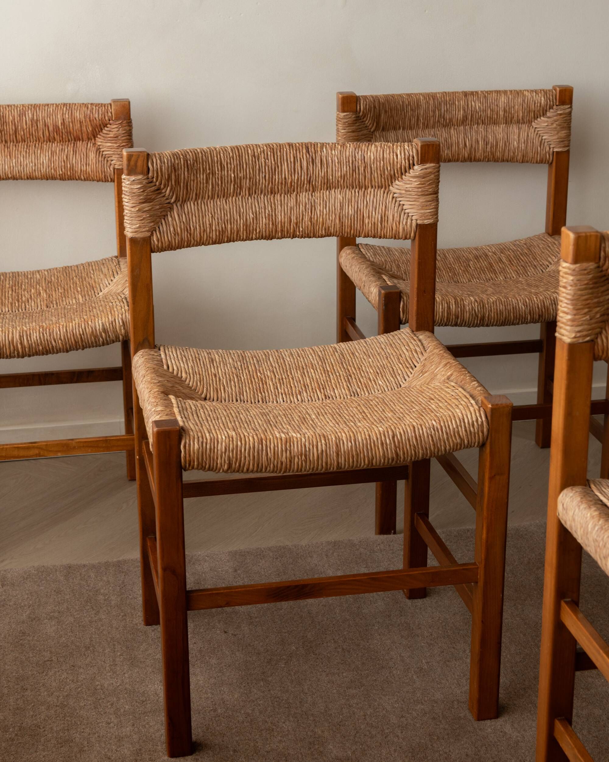 Vintage set of six French mid-century dining chairs in wood and rush, 1960s