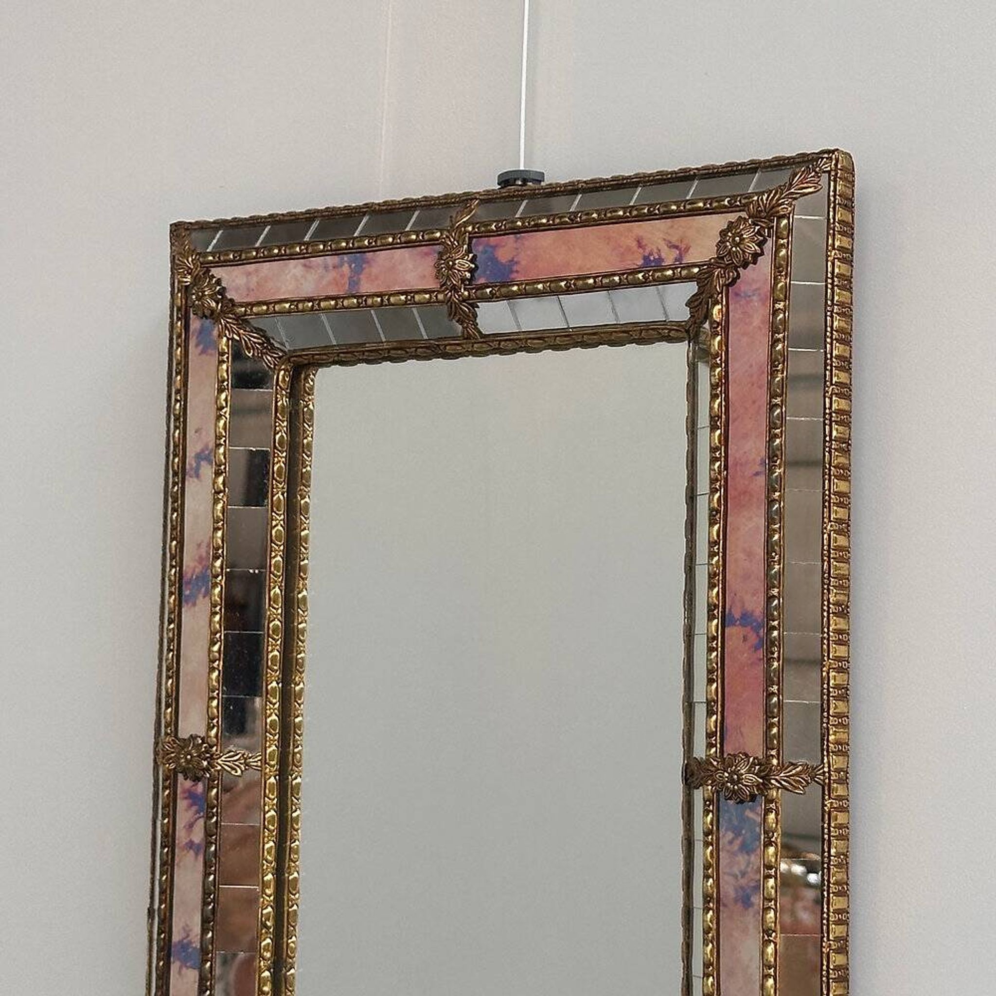 Small Spanish brass & mosaic mirror with stained pink glass, 1980s