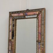 Small Spanish brass & mosaic mirror with stained pink glass, 1980s