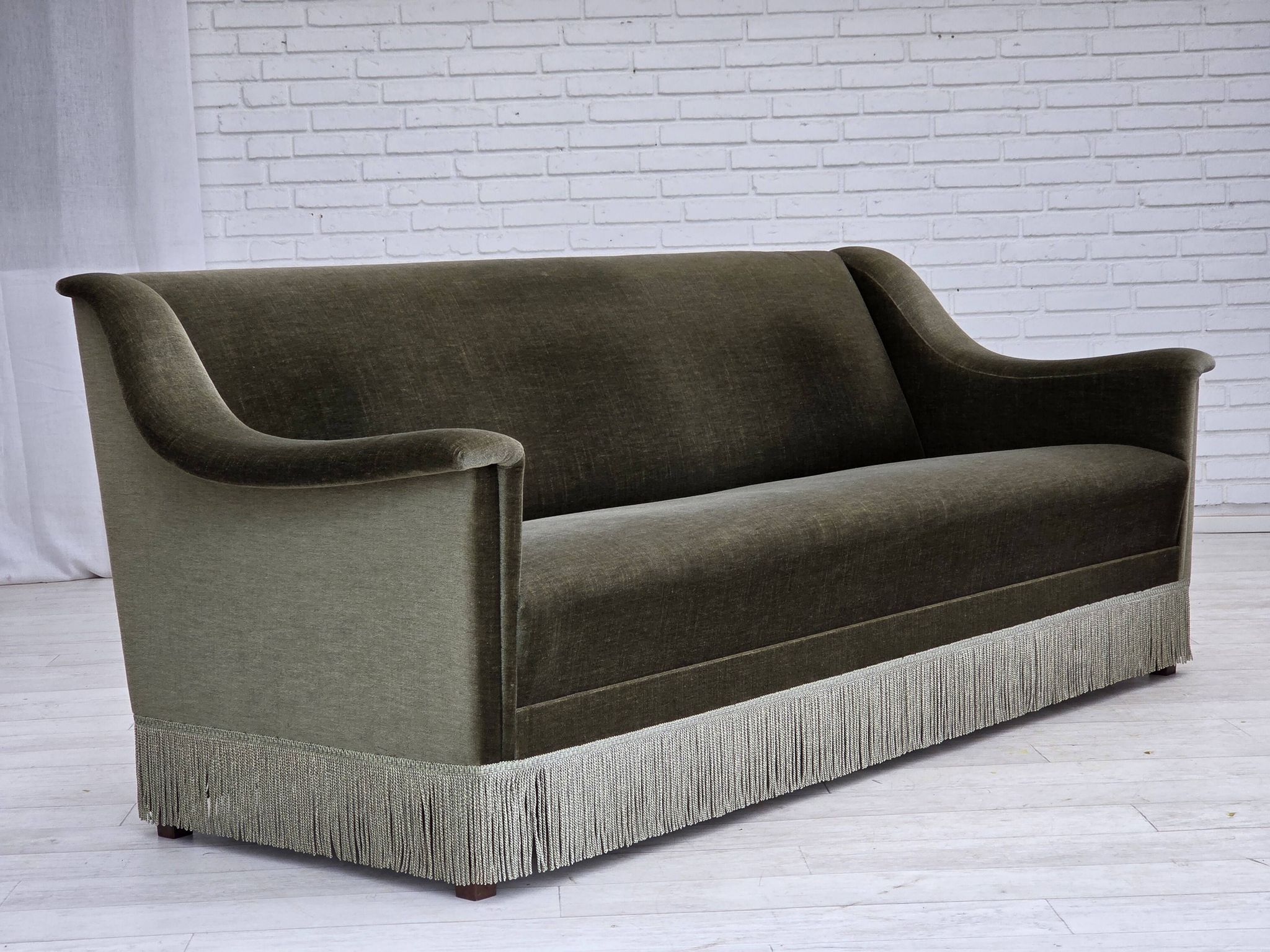1970s, Danish 3-seater sofa, green furniture velour, beech wood.
