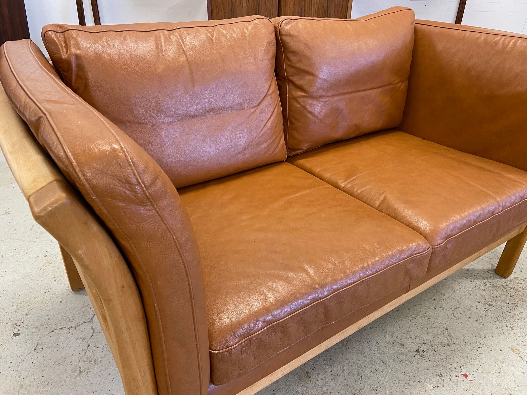 Vintage Danish 2 person sofa in cognac leather with oak frame