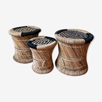 Set de 3 tabourets en bambou et corde