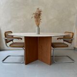 Travertine and wood dining table
