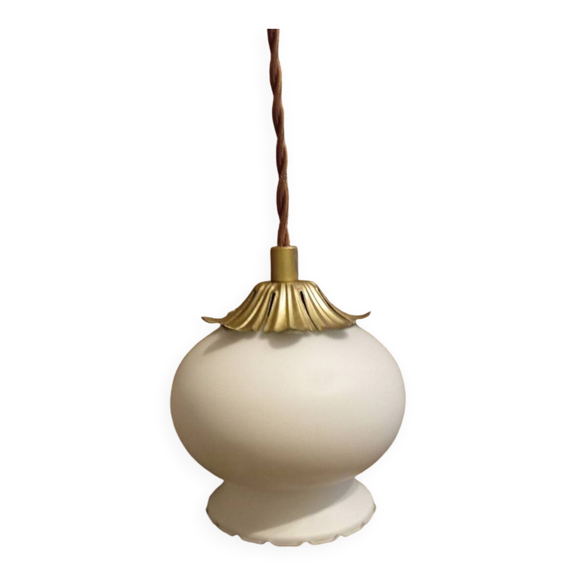 White opaline globe portable lamp, art deco style, brown textile cord