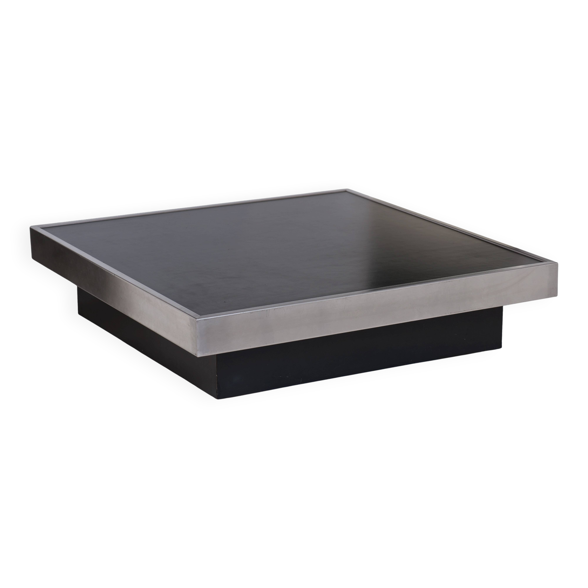 Large vintage black and stainless steel coffee table from the 1970s