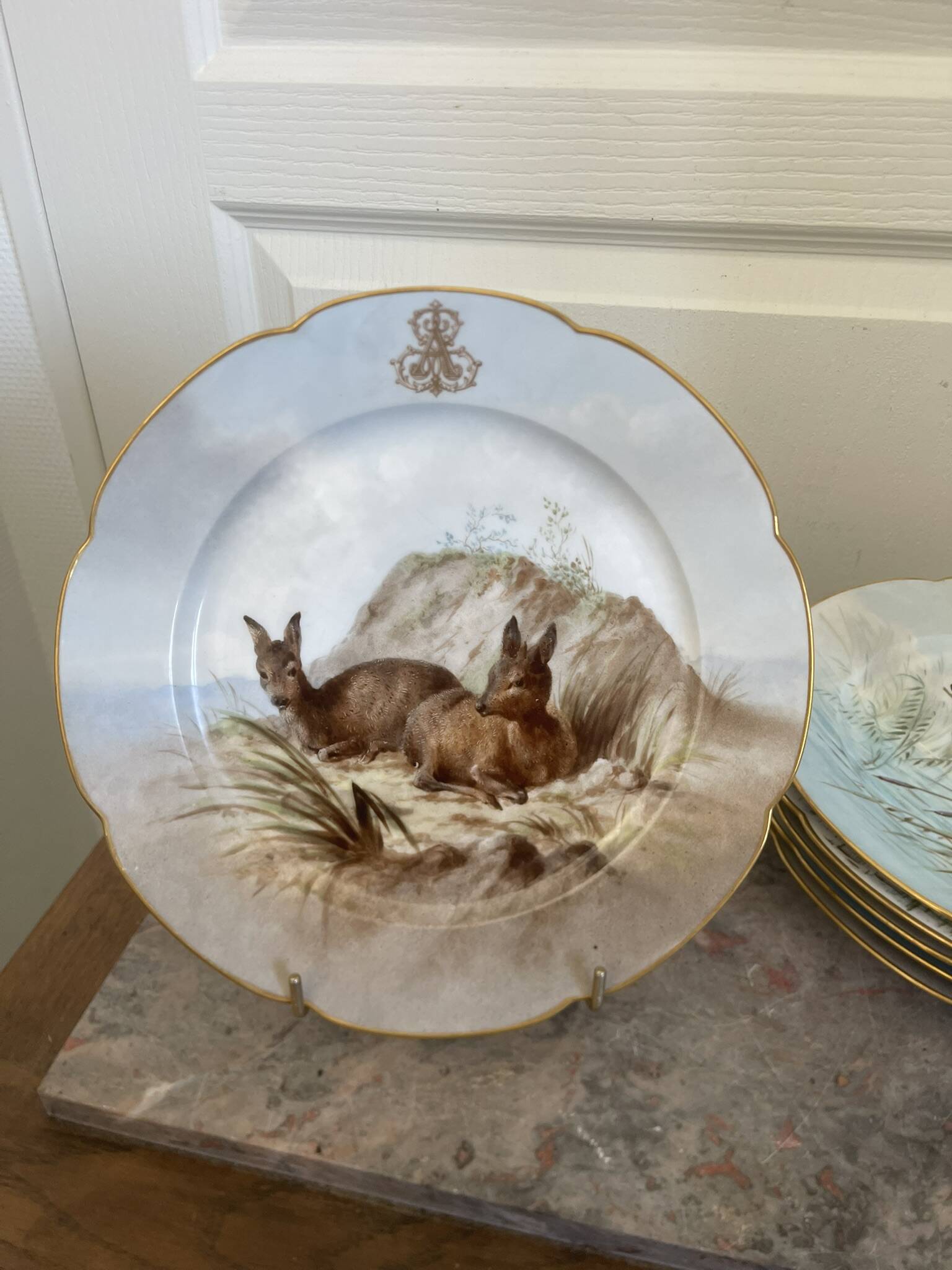 Antique 6x Sèvres Porcelain Plates Lahore & Basket 19th Century Hunting