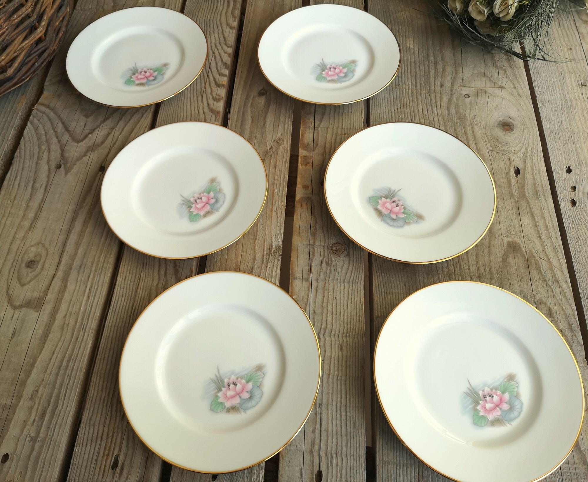 6 small plates signed Limoges France with nenuphar decor and golden border