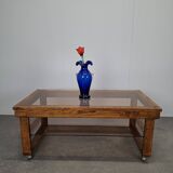 Mid-Century Smoked Glass and Wood Coffee Table on Wheels, Czechoslovakia