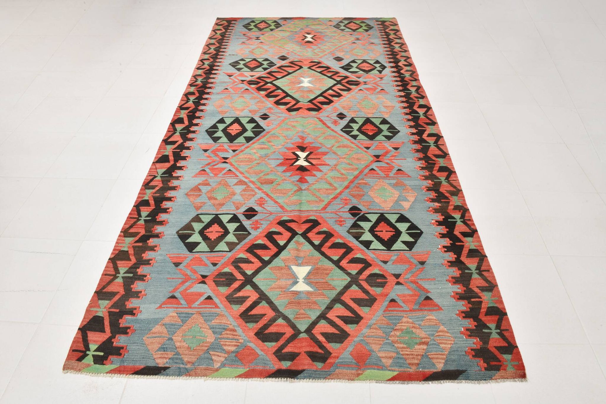 Kilim vintage anatolien tons bleu, vert et rouge géométrique, 160x317 Cm