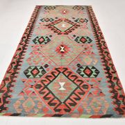 Kilim vintage anatolien tons bleu, vert et rouge géométrique, 160x317 Cm