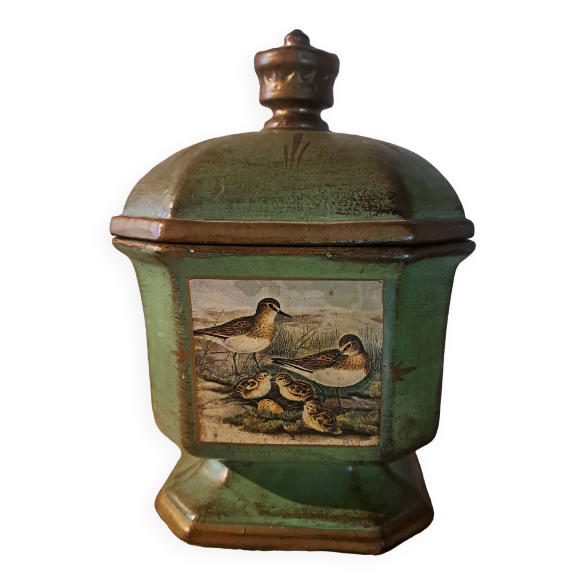 Vintage ceramic tobacco pot with bird decor