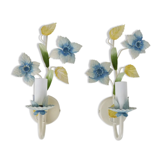 Pair of vintage metal wall lights painted with foliage and flower designs. 1970s 80s.