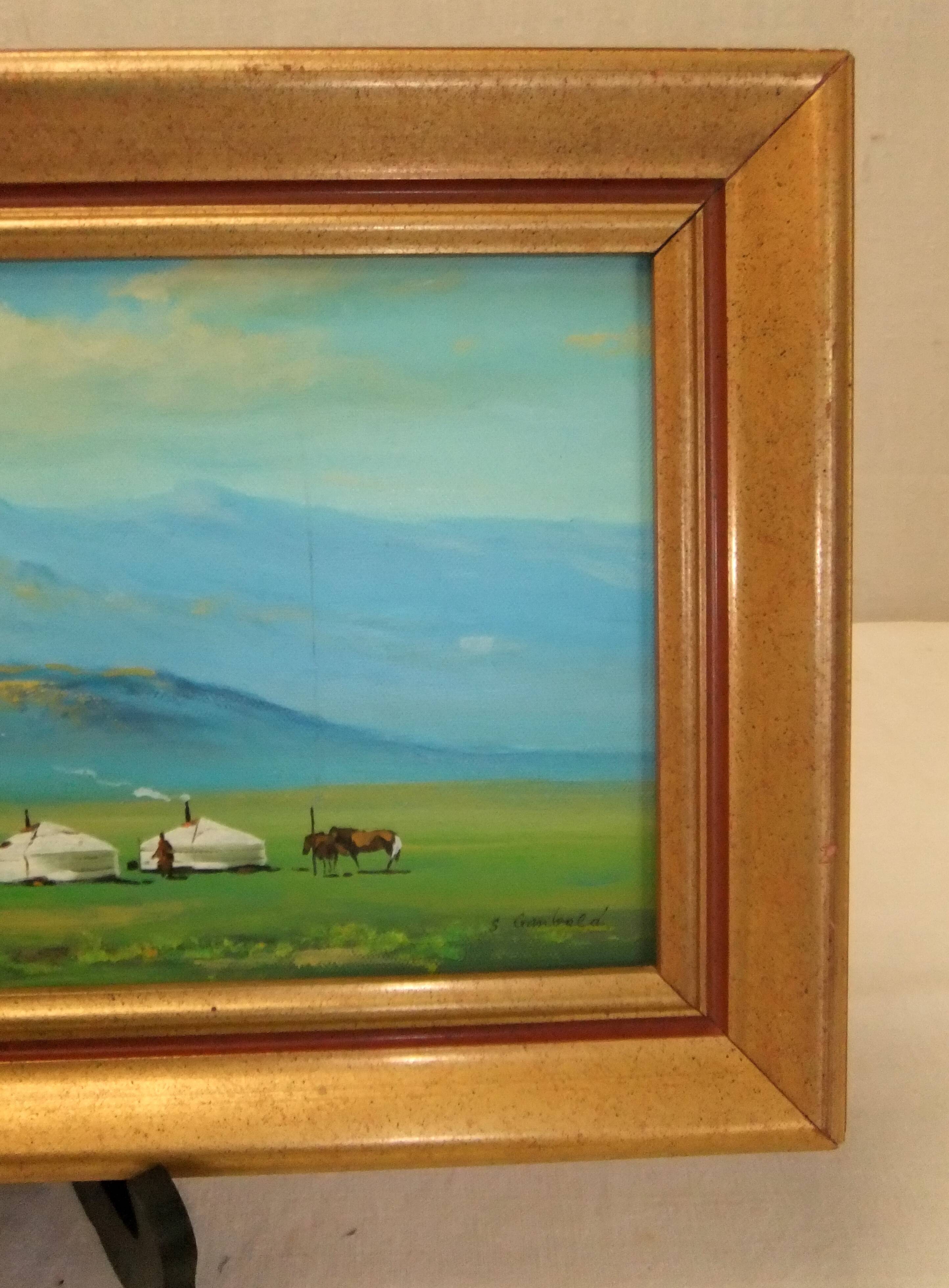 Tableau paysage Mongolie Signé cadre doré