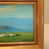 Mongolia landscape painting Signed golden frame