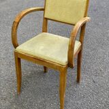 Curved wood and yellow leather bridge office chair