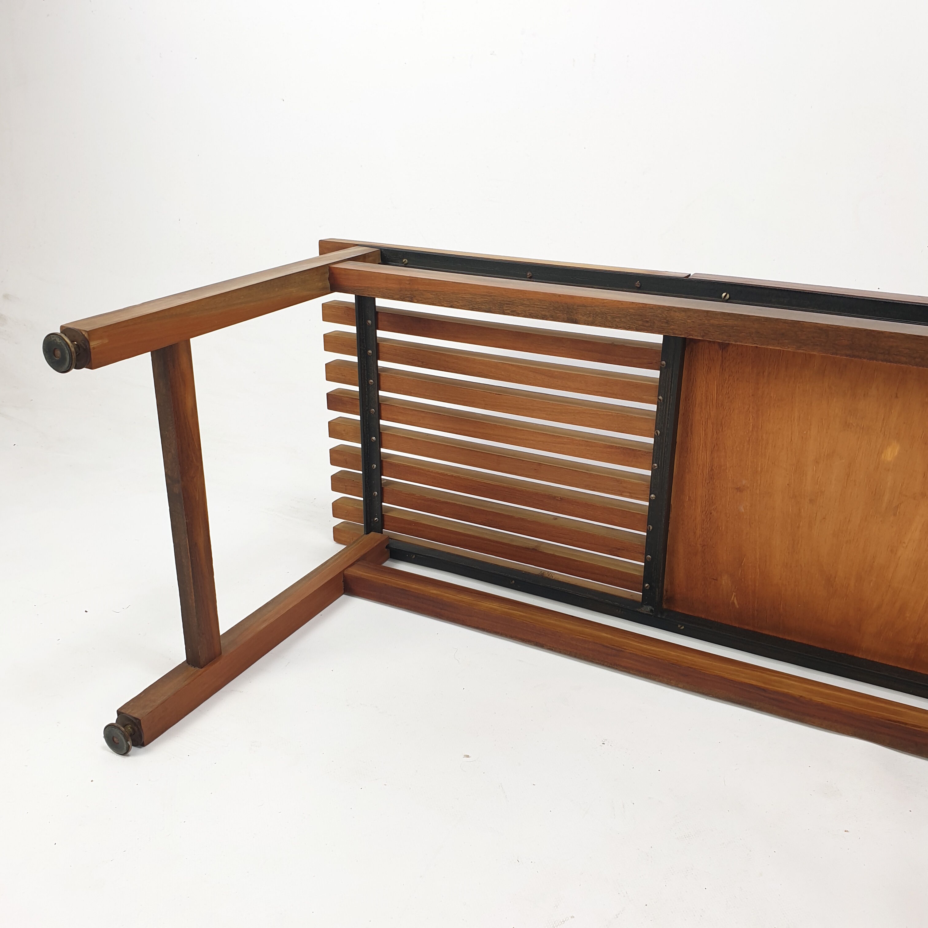 Bench in walnut and teak with brass feet, italy 1950s