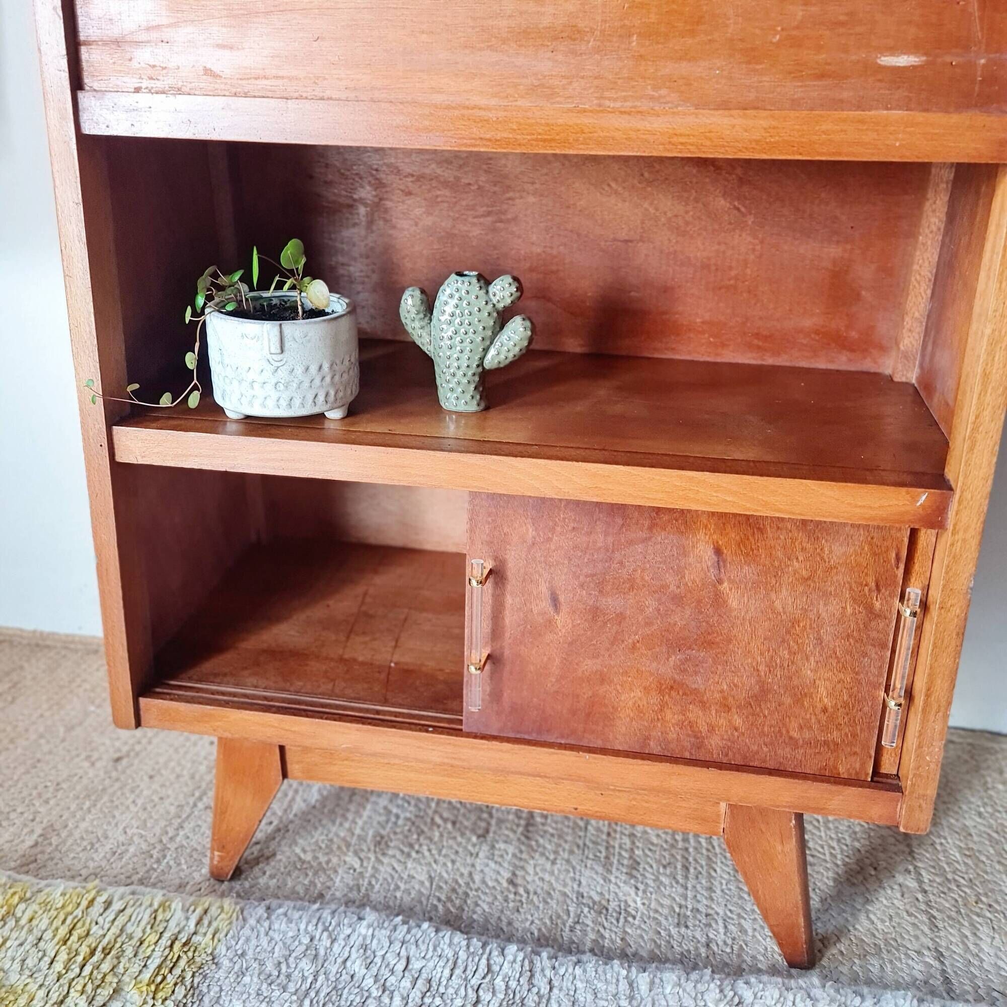 Vintage 1950s wooden secretary with tapered legs and mint interior.