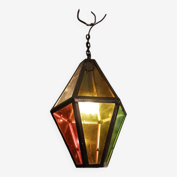 Big outdoor lantern, old bubbled glass, colored circa 1950