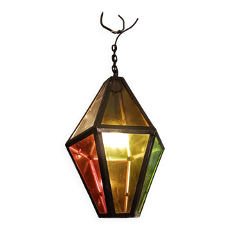 Big outdoor lantern, old bubbled glass, colored circa 1950