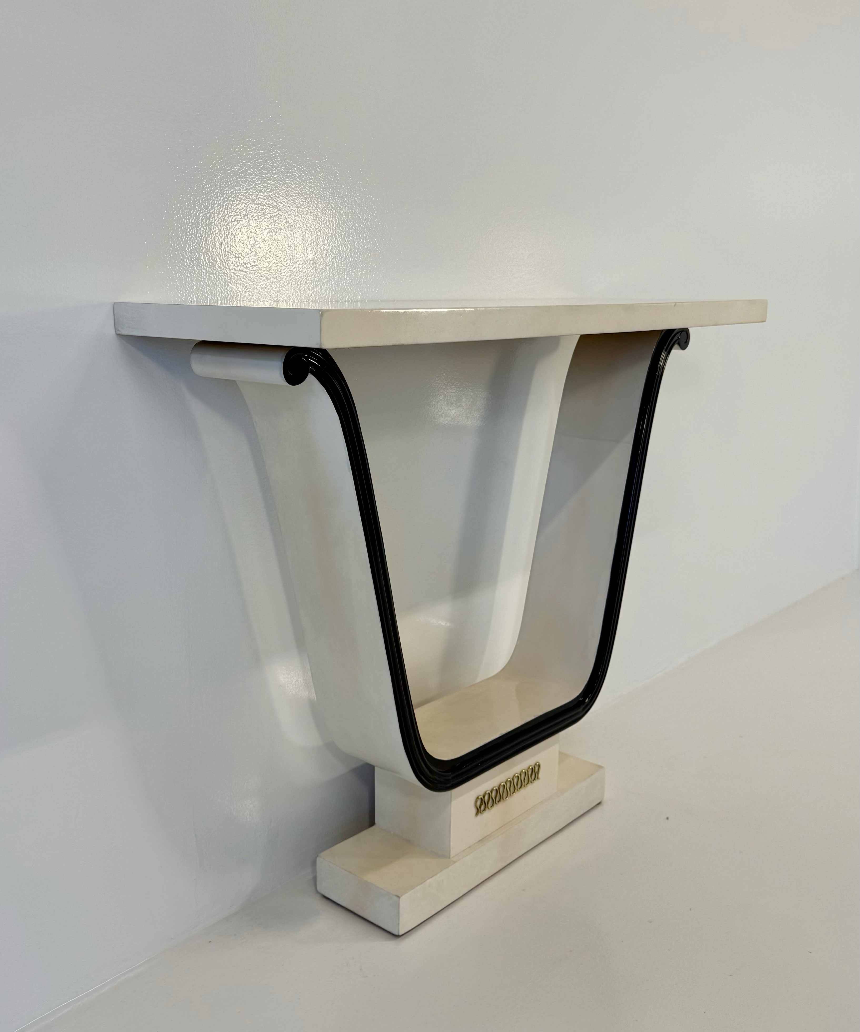 Italian Art Deco Parchment, Brass, Black Console, In the style of Borsani,