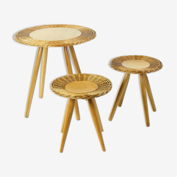 Wicker coffee table with two side tables/stools by Uľuv, Czechoslovakia, 1960s