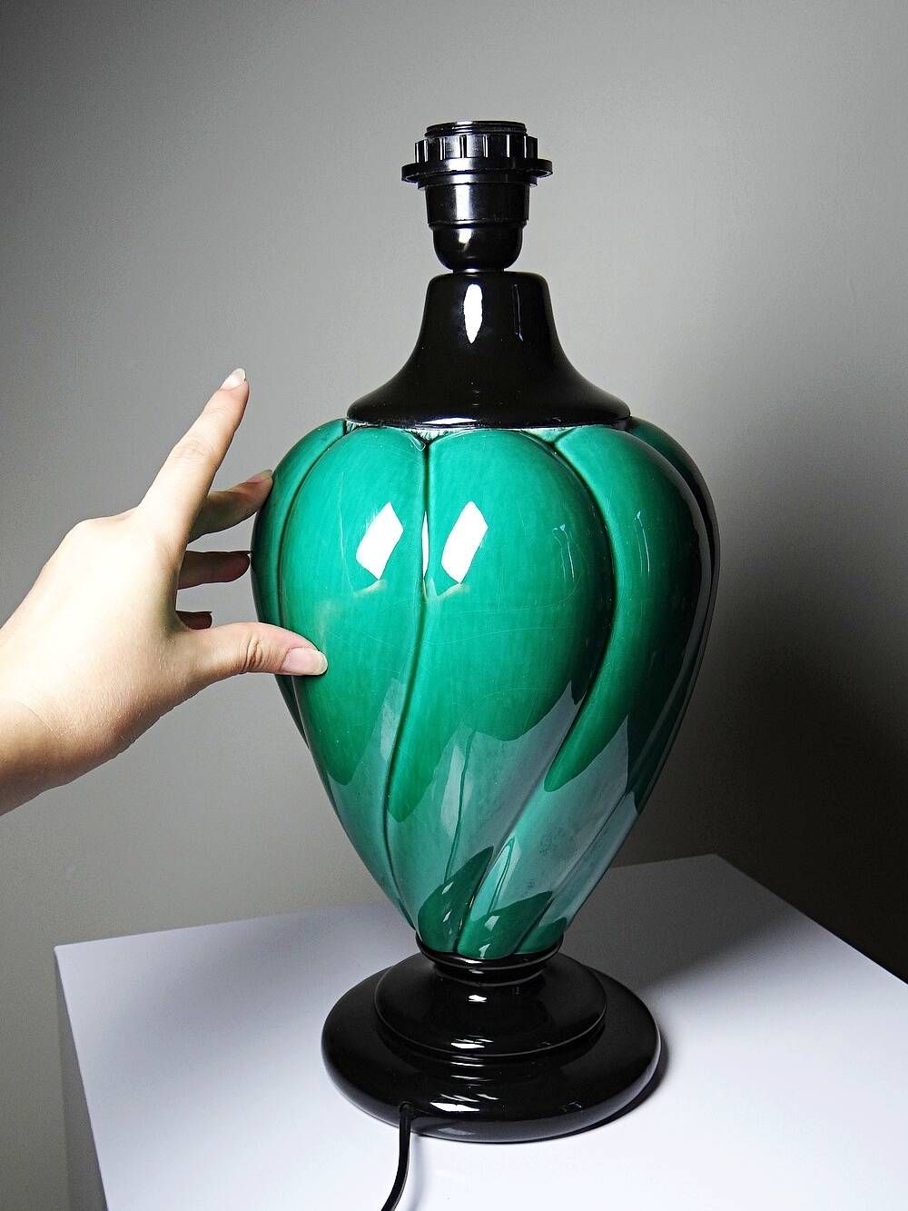 Large vintage Mathias lamp in green and black ceramic, 1970s.
