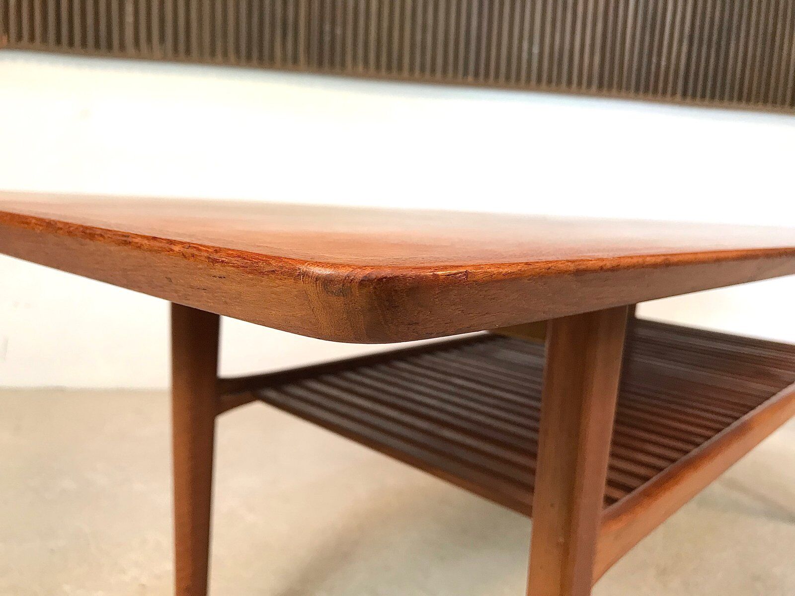 Scandinavian teak coffee table with slatted shelf, Denmark 1960s