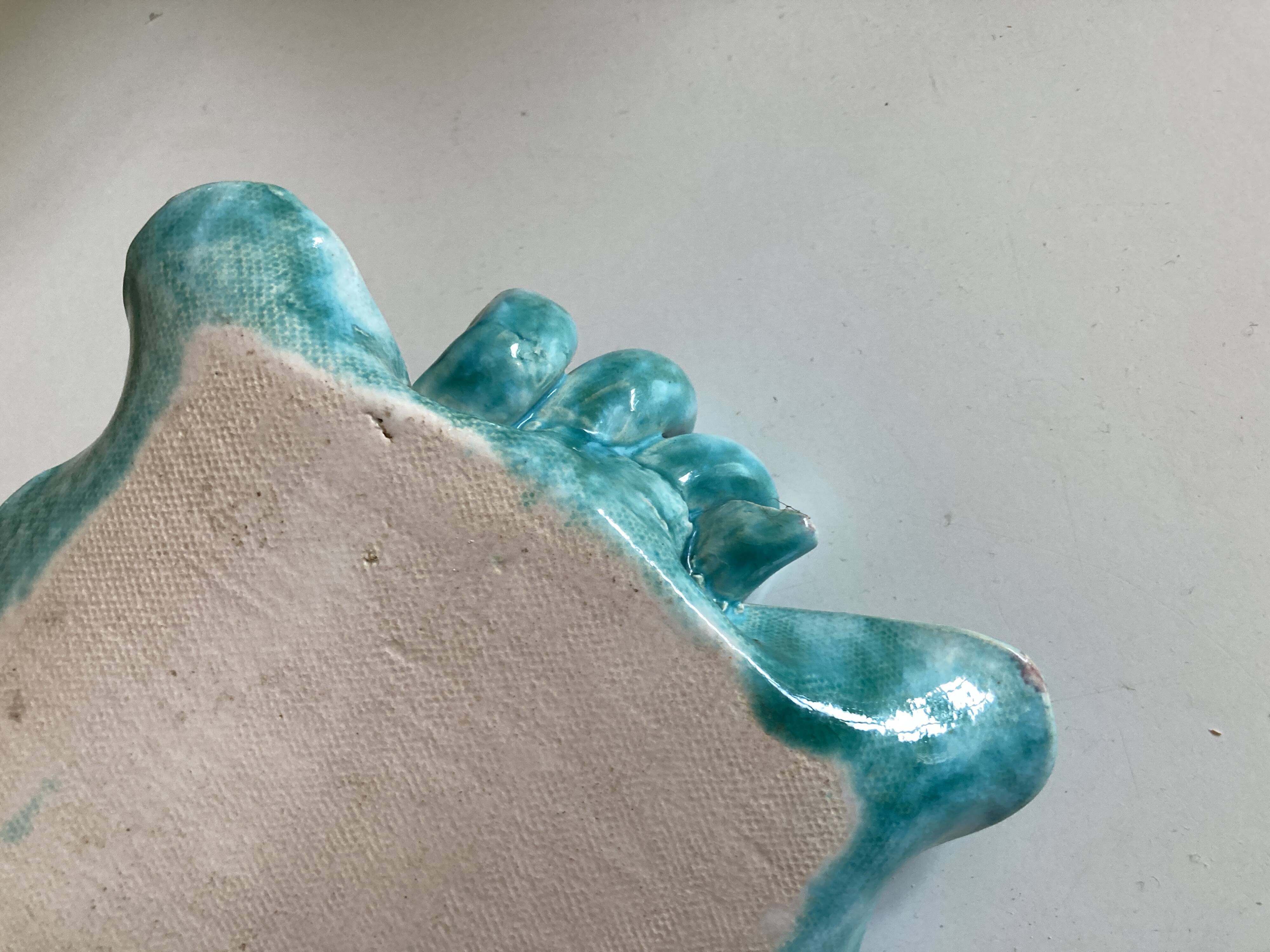 Wavy turquoise glazed earthenware plate 1960 Provence
