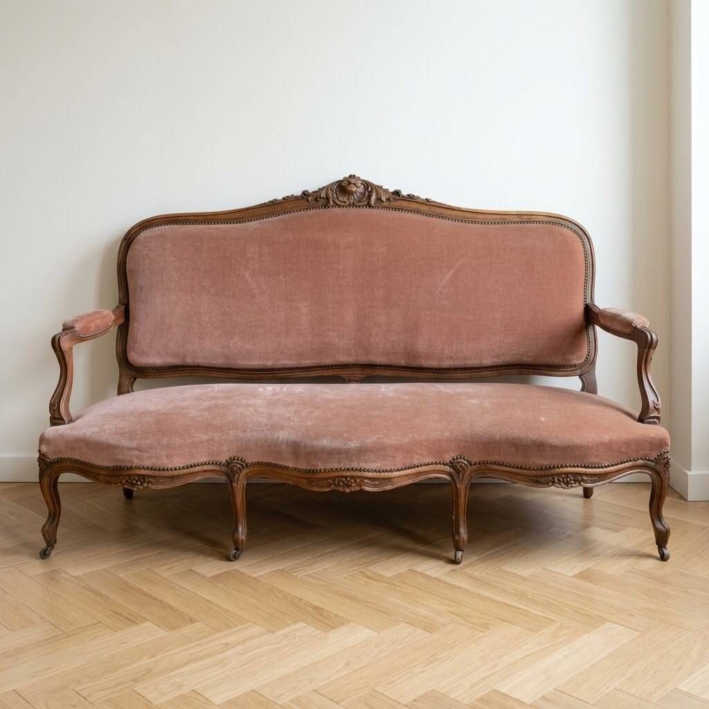 Ensemble canapé ancien en velours rose : L 173 cm × H 103 cm × P 67 cm