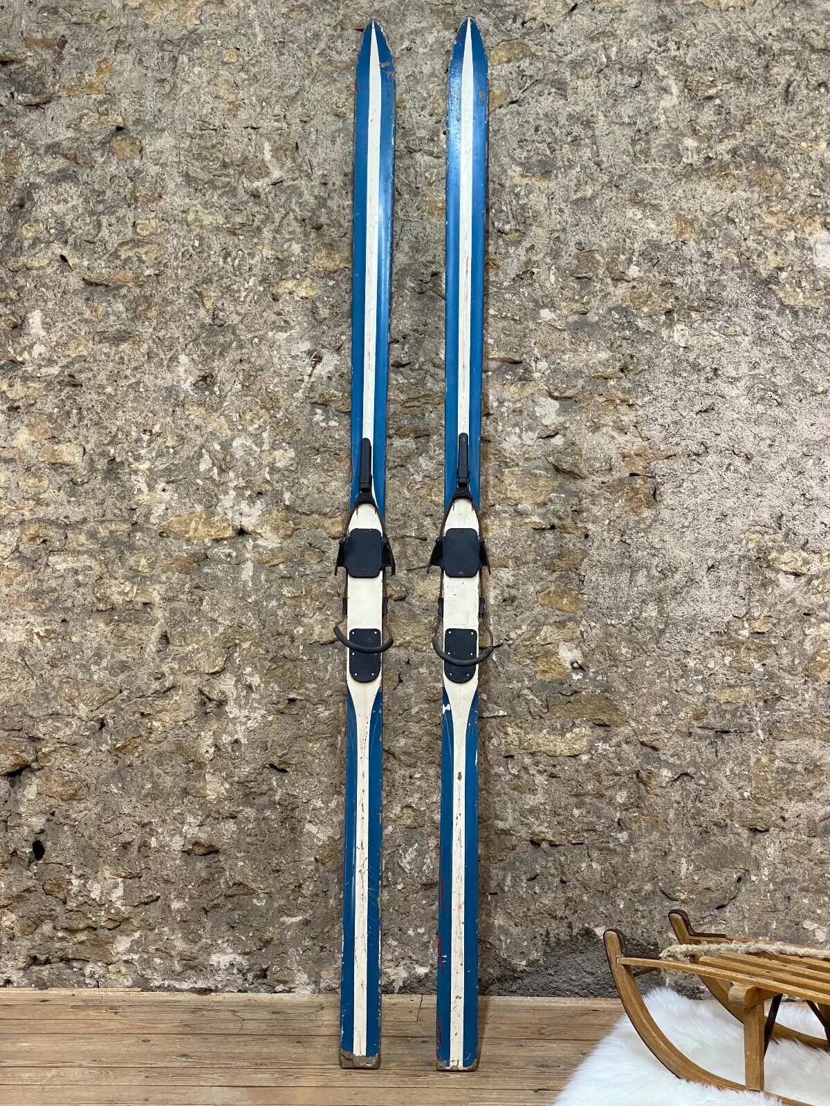 Old Pair of Vintage Blue & White Wooden Skis Mountain Chalet Decor - 218 cm