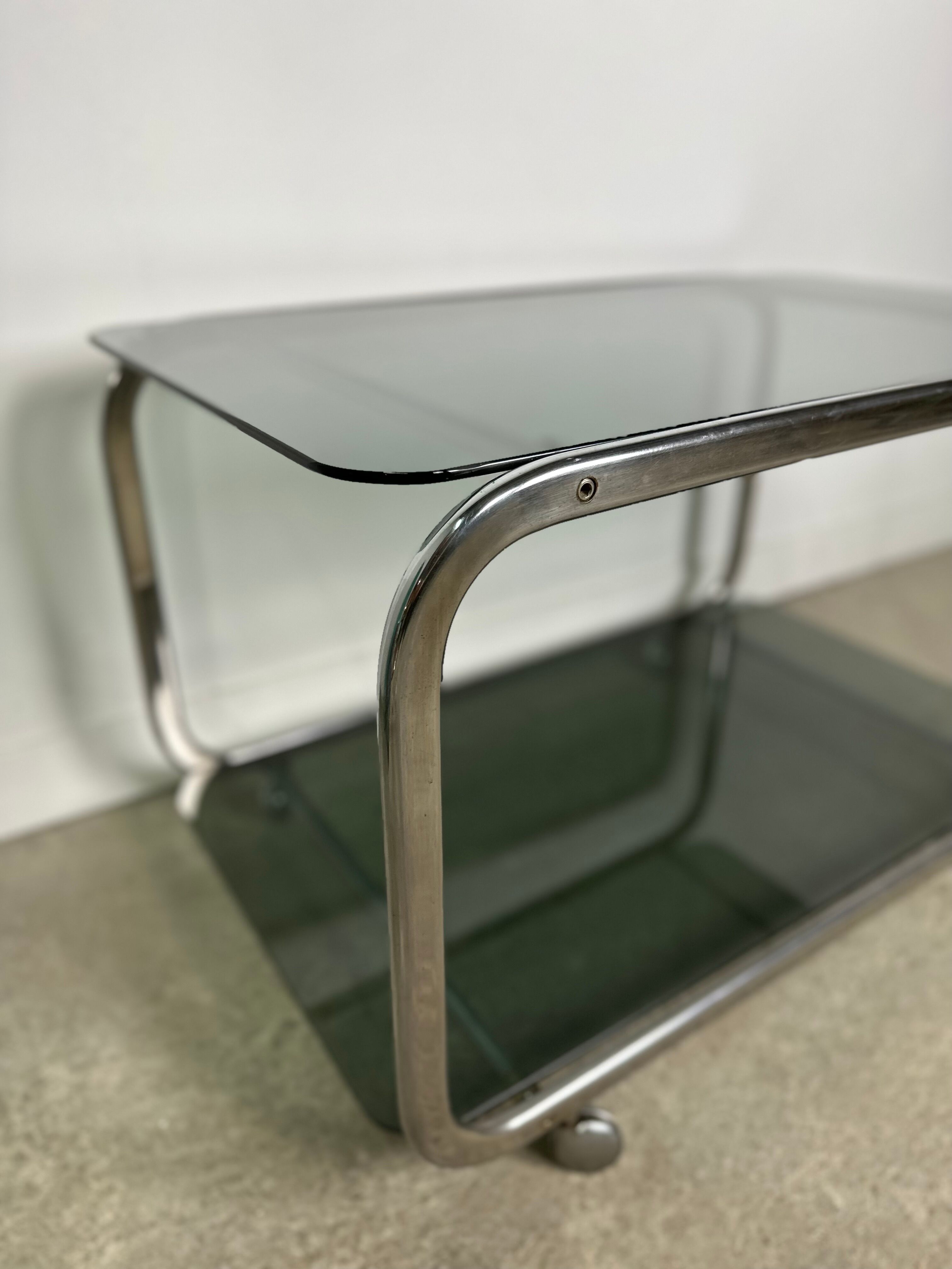 Dessert / rolling table vintage 60'S silver metal top smoked glass