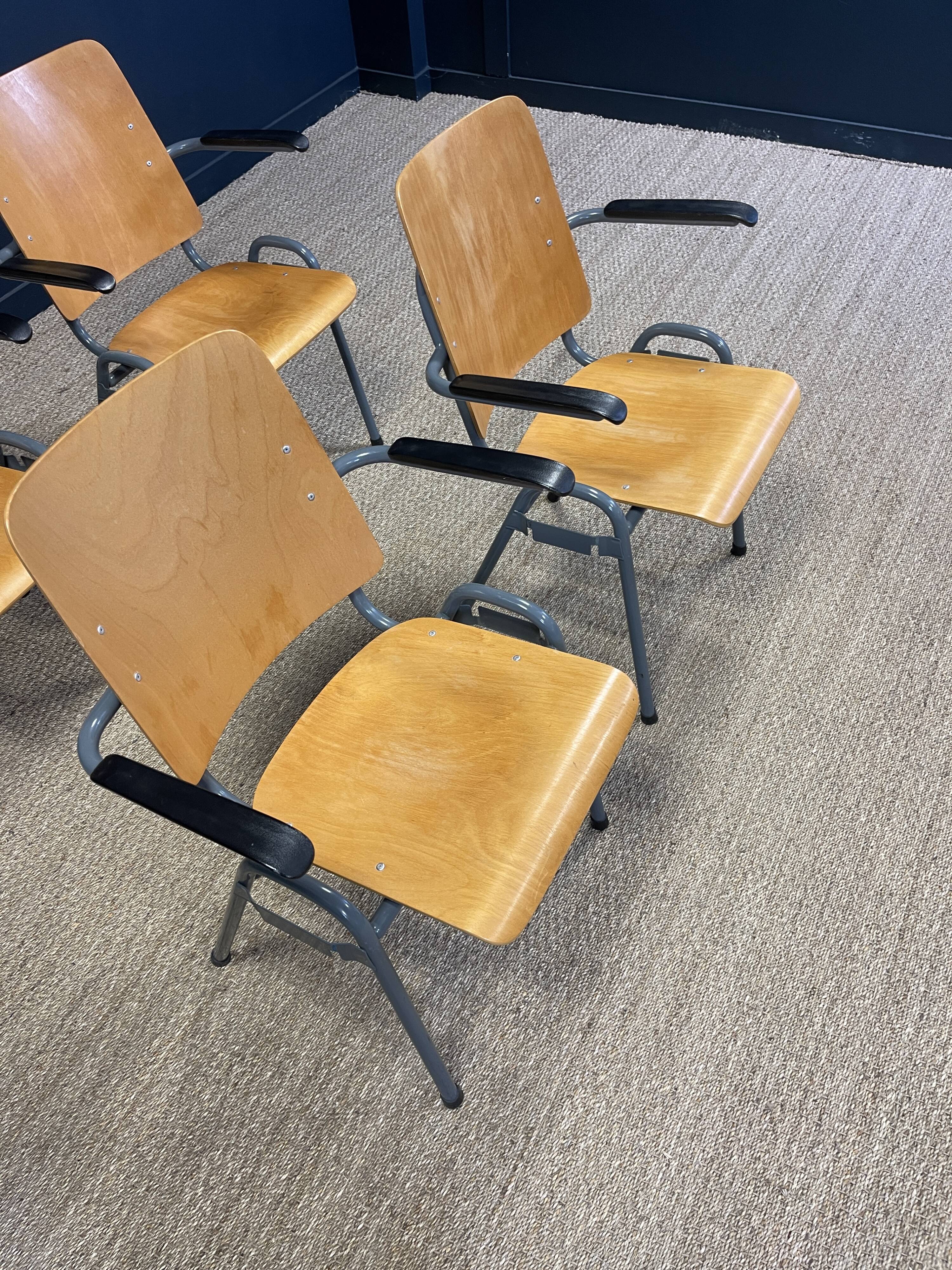 Set of 4 school armchairs with high wooden backs and anthracite grey legs, Netherlands