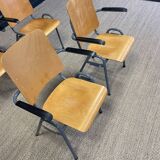 Set of 4 school armchairs with high wooden backs and anthracite grey legs, Netherlands