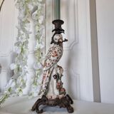 Parrot Candle Holder, Enameled Porcelain and Bronze, Late 19th Century