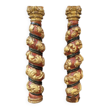 Pair of sculptures, twisted columns, carved wood, gilded and polychrome, 18th century – Spain