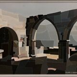 Huile sur toile Alain L'Hermitte Lhermitte architecture géométrique XXe
