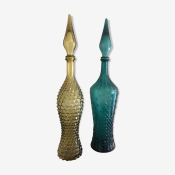 Lot de 2 carafes italiennes en verre texturé de couleur jaune et bleu, 1960