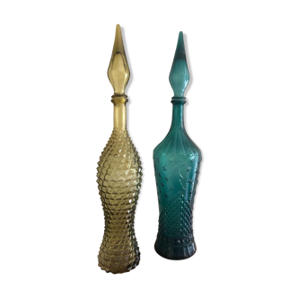 Lot de 2 carafes italiennes en verre texturé de couleur jaune et bleu, 1960