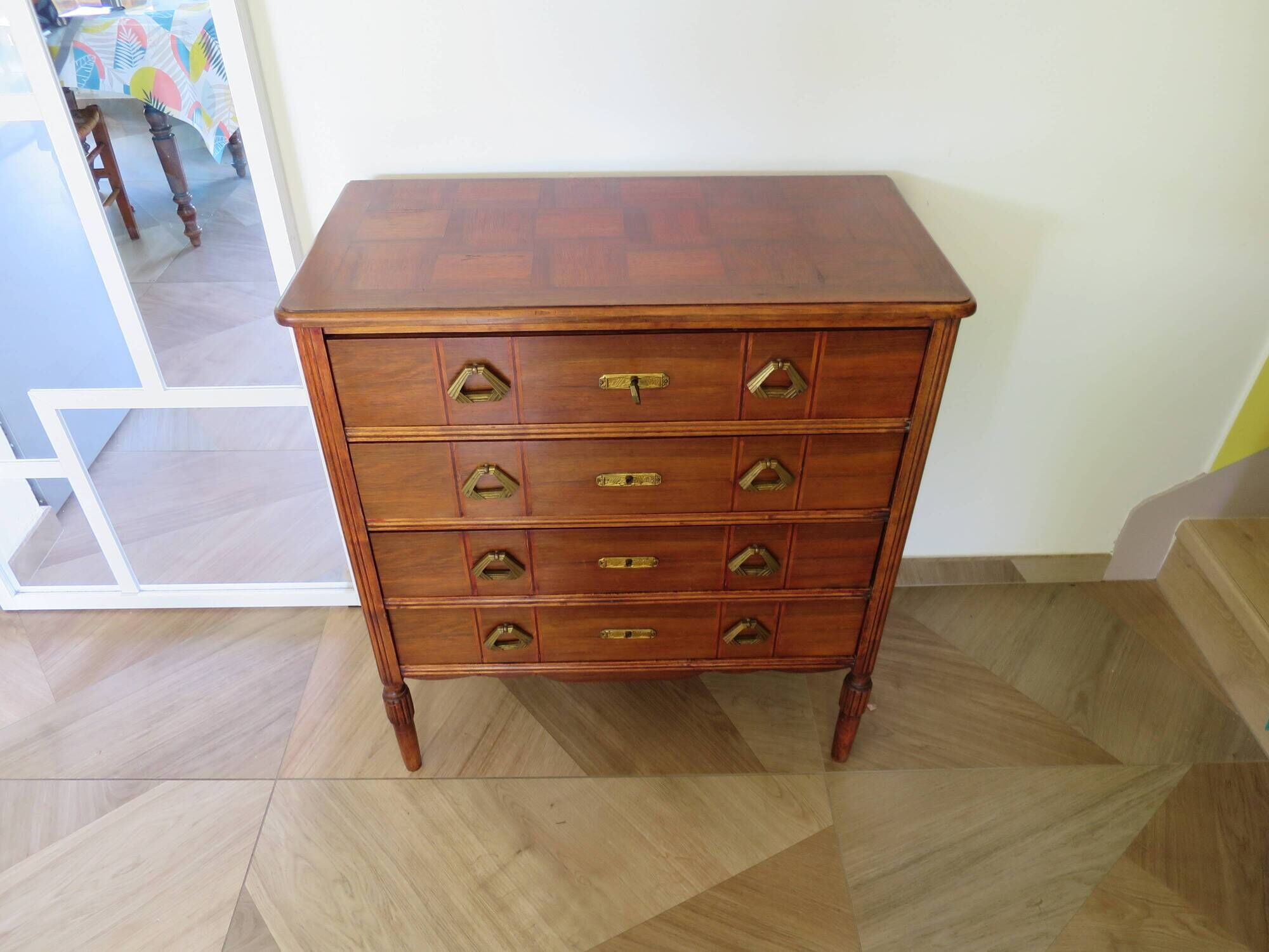 Art Deco chest of drawers - 4 drawers - locks - checkered wood veneer top - 50s