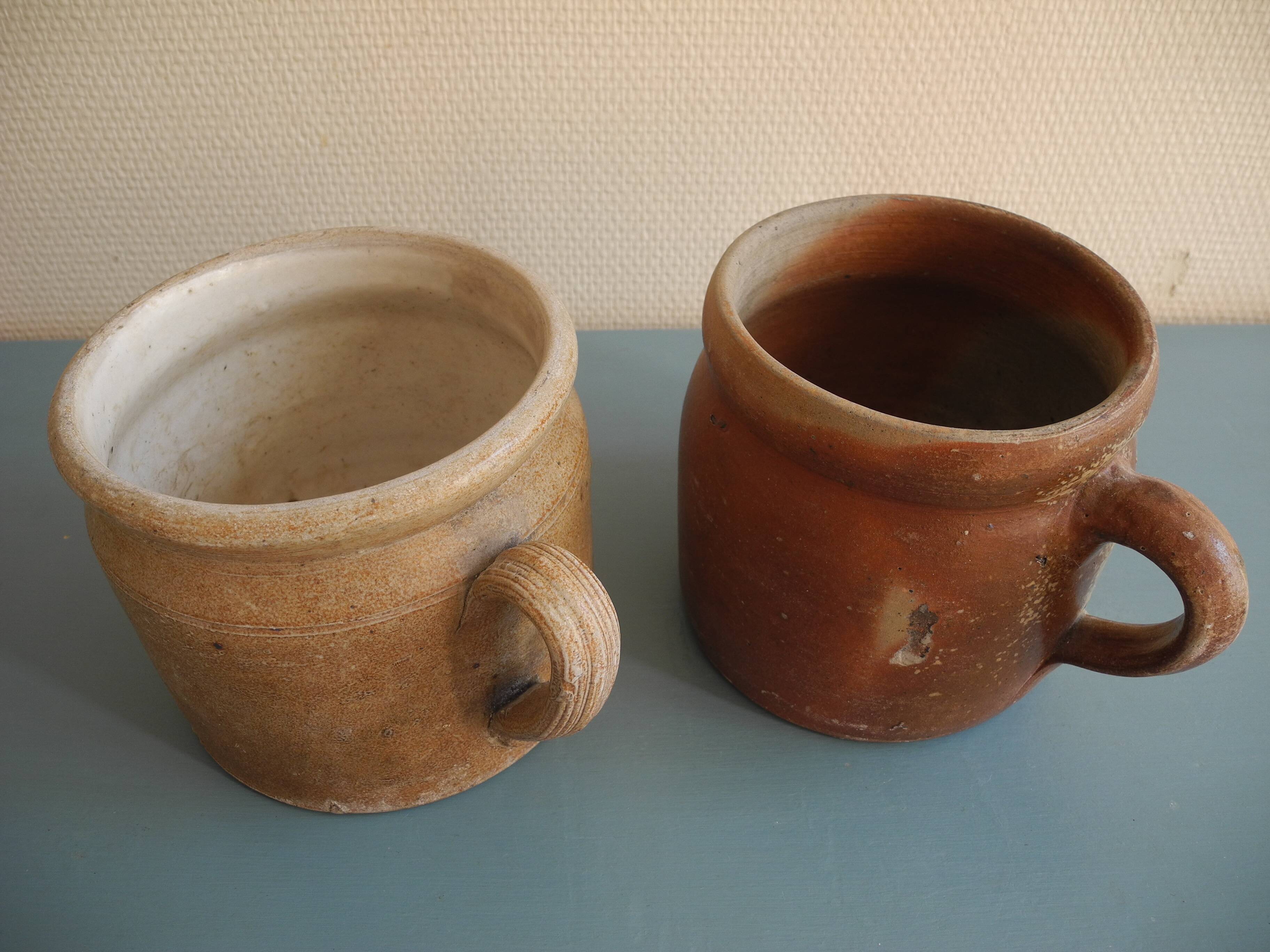 lot of 2 old rustic decorative stoneware pots