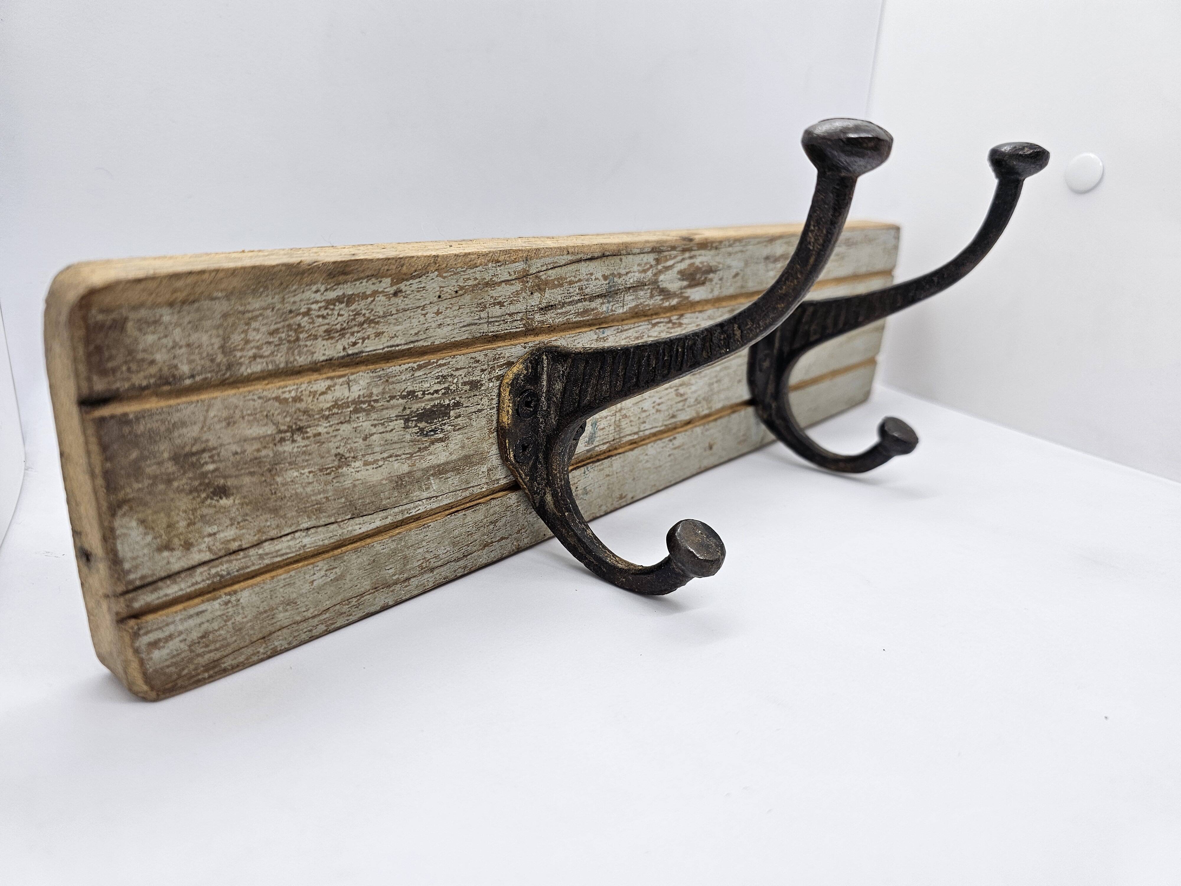 Solid teak coat hook with 2 double cast iron hooks