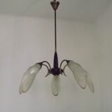 French Vintage Retro Mid Century Black & Gold 5 Arm Chandelier with Glass Shades 5080