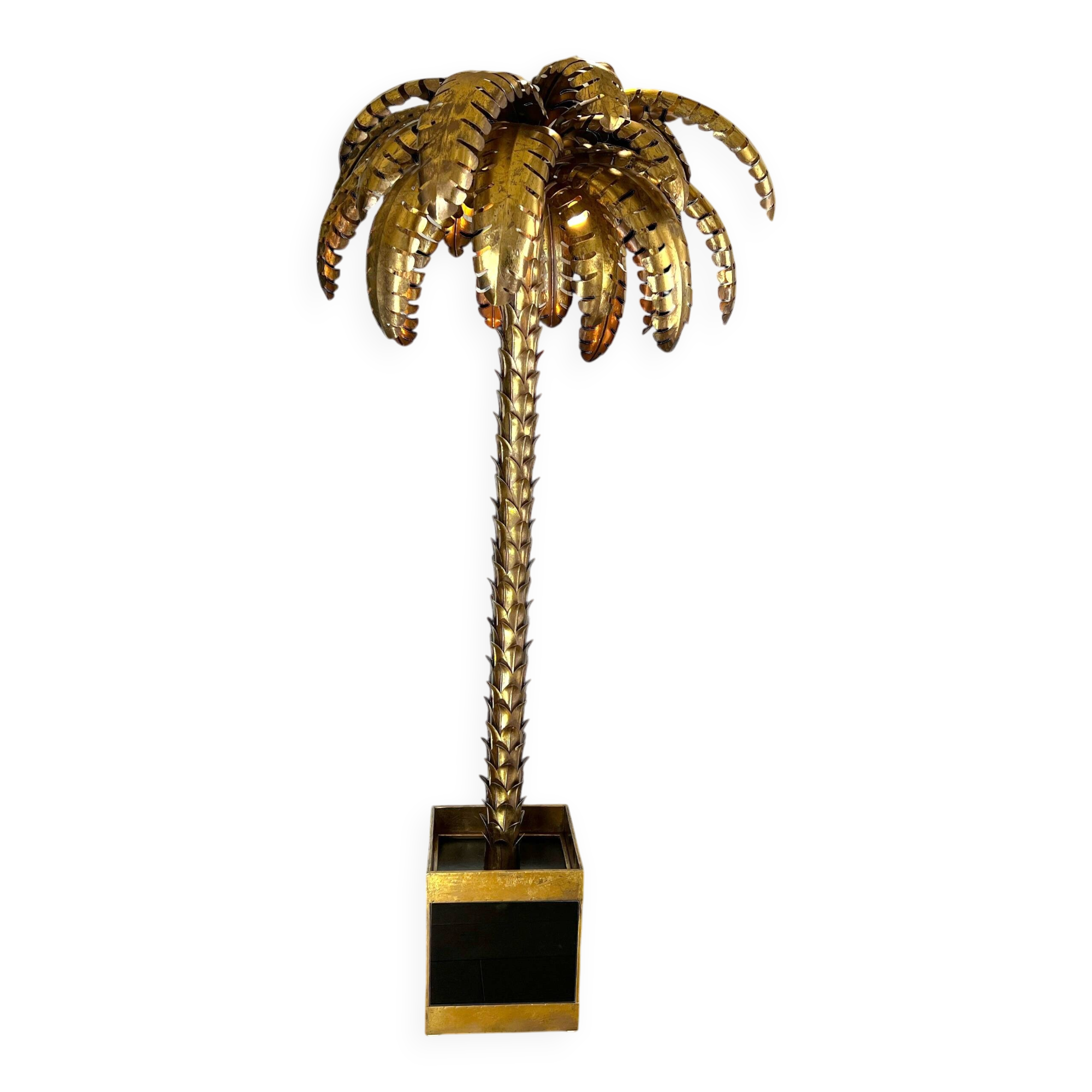 "jansen" style lamp in the shape of a palm tree in golden metal, 181 cm tall